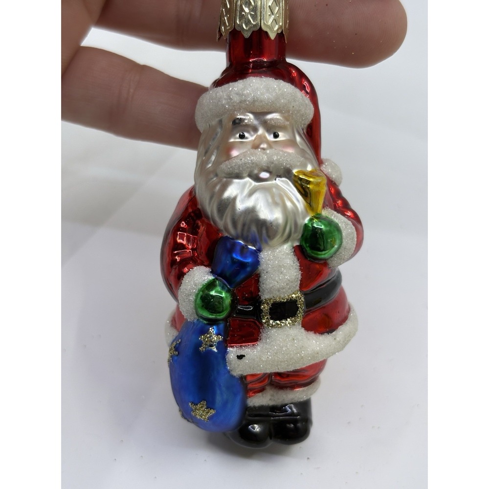Hand Blown Glass  Santa Blue Present Sack Christmas Ornament